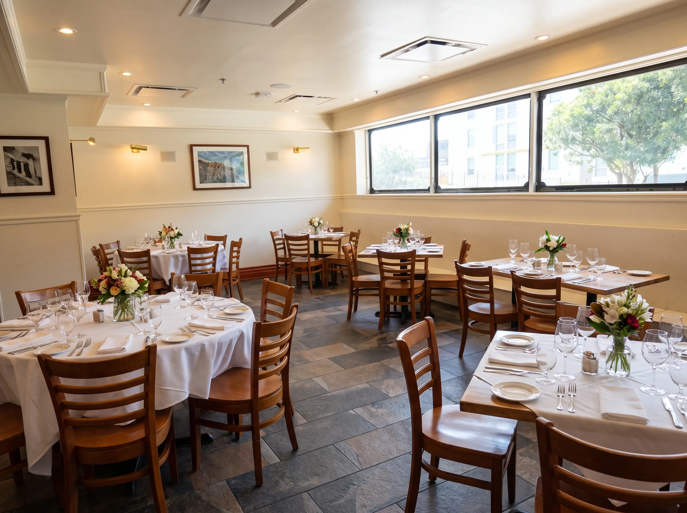 Round tables set for a party in Panfila's second dining room